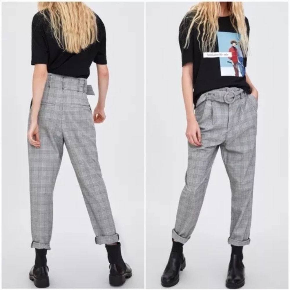 Zara Black & Gray Plaid Paperbag Waist Trousers